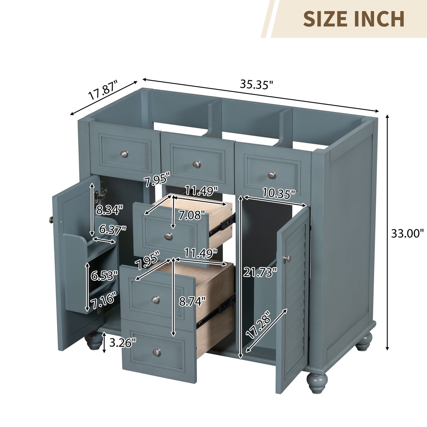 36 "No sink, with 2 drawers and soft closing door, independent makeup rack, bathroom cabinet, blue (excluding sink) - Korvel