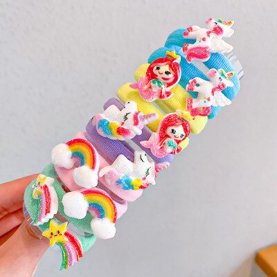 10PCS/Set Rainbow Cartoon Character Fruits Flower Nylon Elastic Hair Bands Women Girl Sweet Rubber Hair Tie Scrunchie Headwear - Korvel