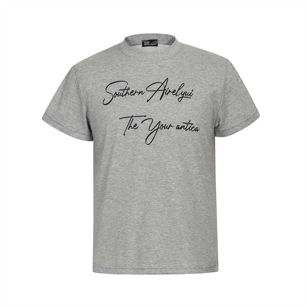 Handwritten English Letter Print Short Sleeve T-Shirt Men's Slim Fit Regular Shoulder Casual Round Neck Half Sleeve Top INS Trendy Tee - Korvel