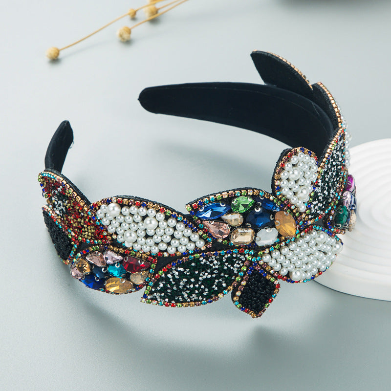Diadème en forme de feuille en perles et strass
