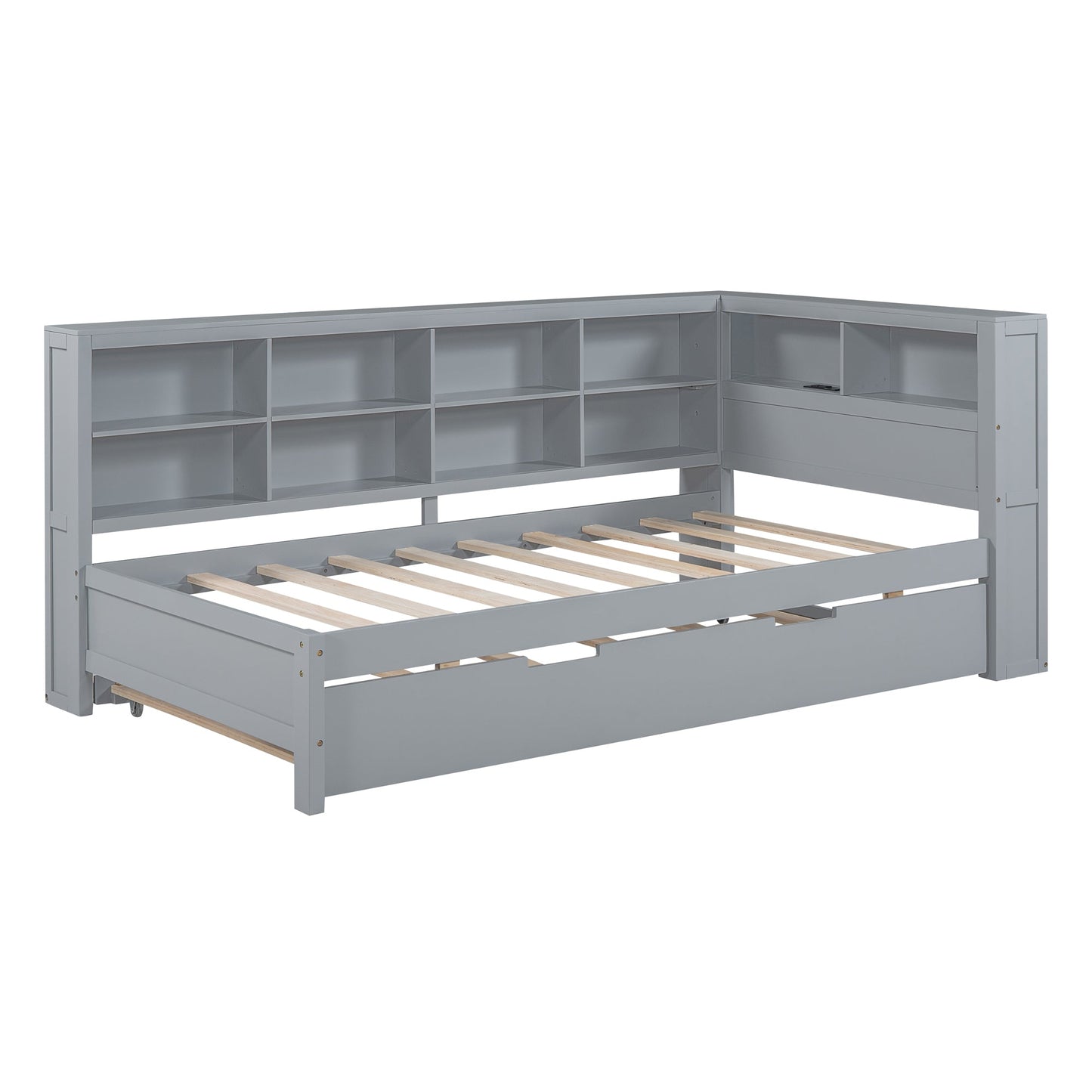 Wooden Twin Size DayBed with Twin Size Trundle, DayBed with Storage Shelf and USB Charging Ports,Grey - Korvel