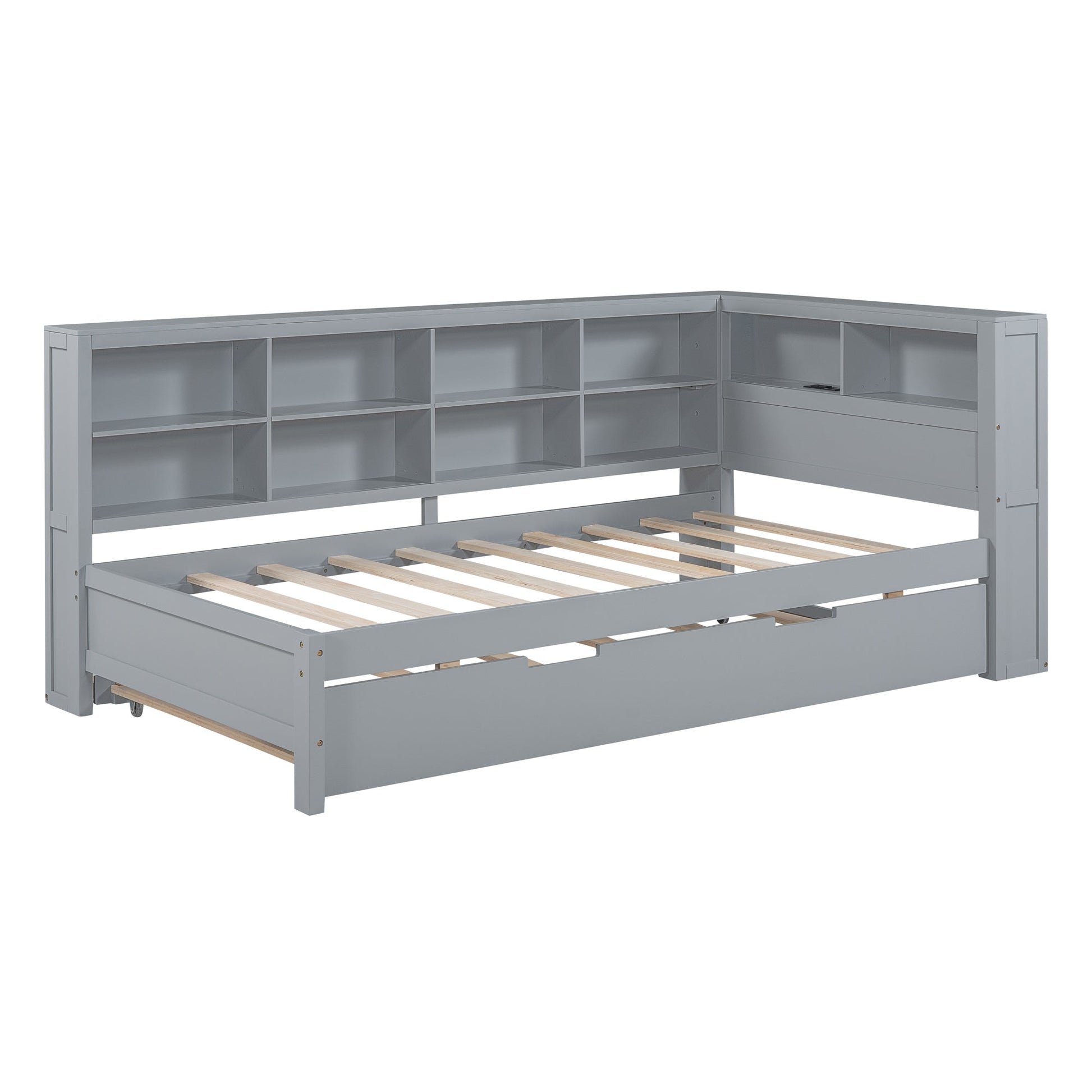 Wooden Twin Size DayBed with Twin Size Trundle, DayBed with Storage Shelf and USB Charging Ports,Grey - Korvel