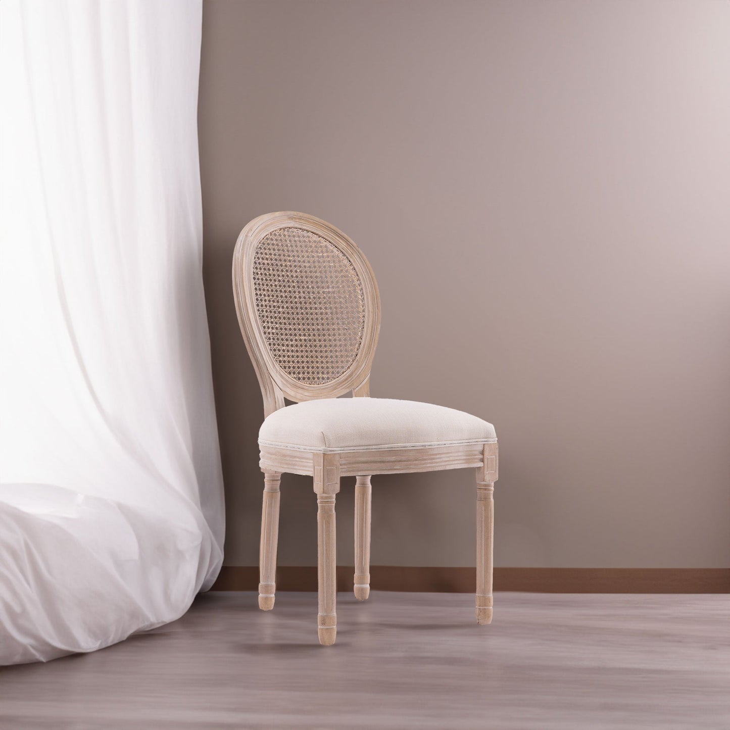 French Style Solid Wood Frame Antique Painting Linen Fabric Rattan Back Dining Chair Set of 2 Cream - Korvel