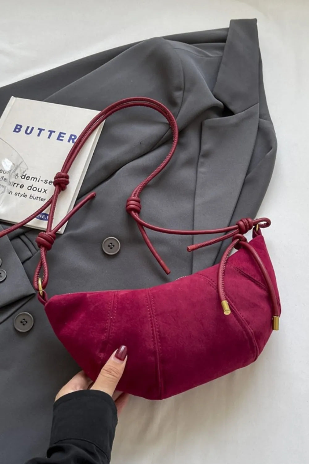 PU Leather Strap Suede Shoulder Bag - Korvel