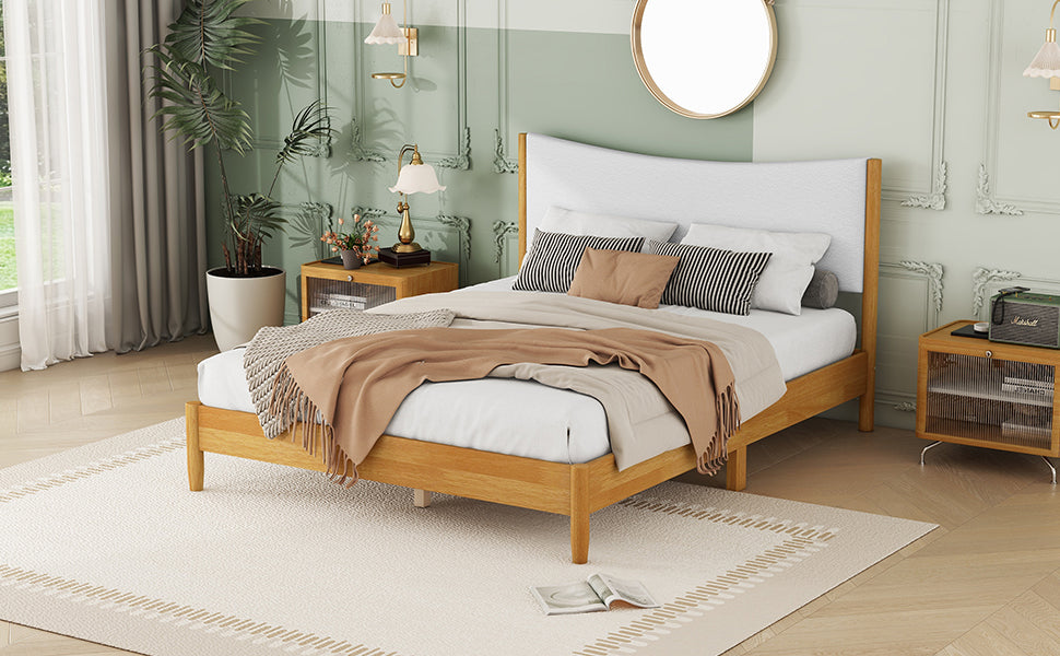 Queen Size Rubber Wooden , Solid Wooden Bed with Teddy Velvet Cushion Upholstered Headboard, Enhanced by Support Feet - Korvel