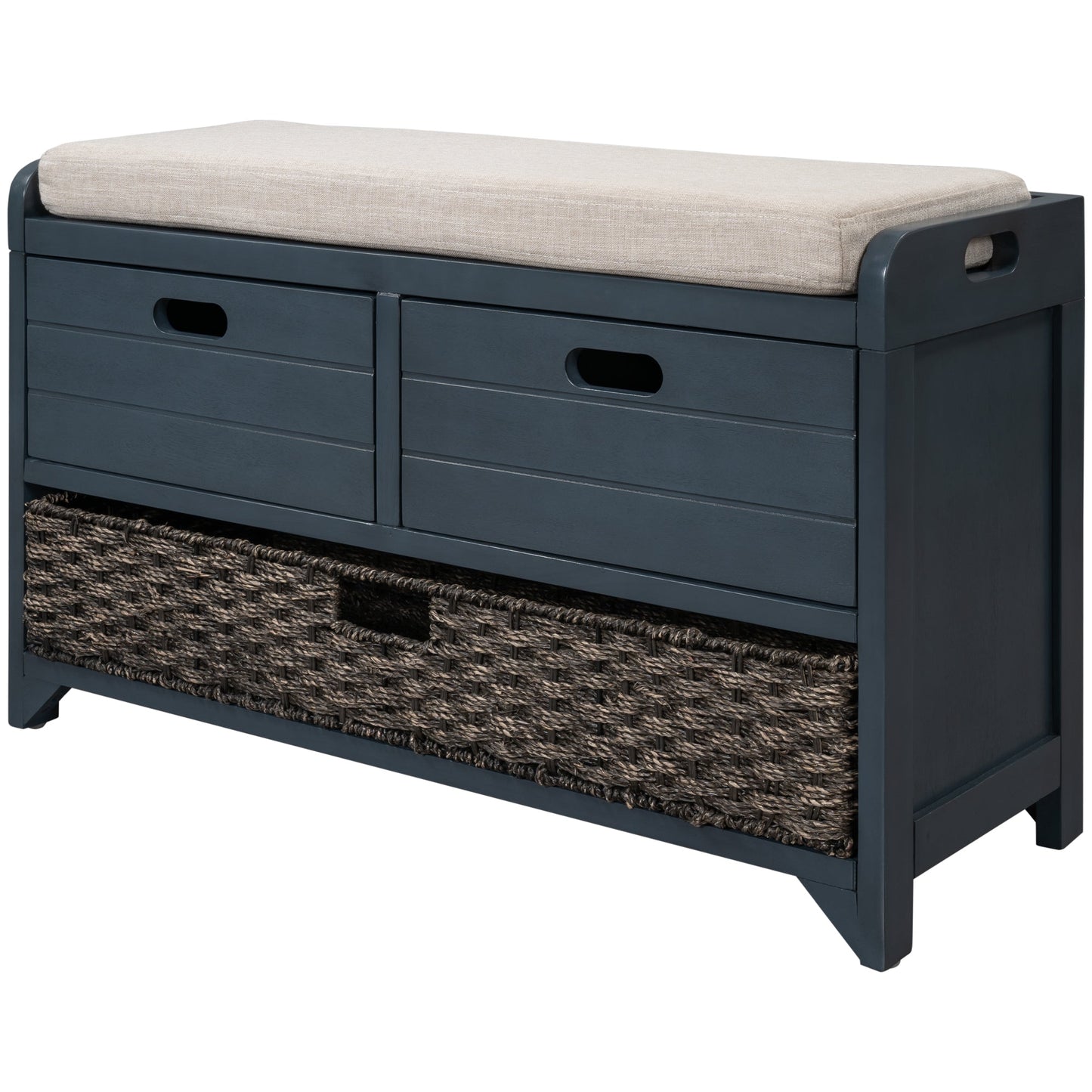 TREXM Storage Bench with Removable Basket and 2 Drawers, Fully Assembled Shoe Bench with Removable Cushion (Navy) - Korvel