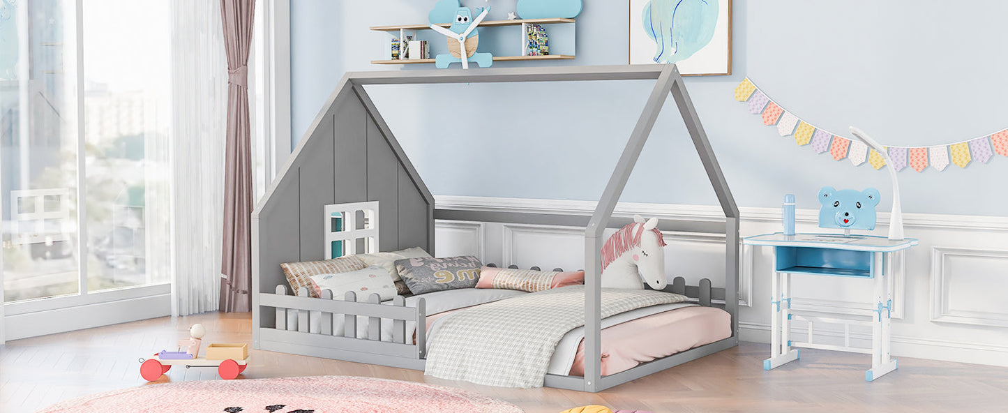 Full Size Wood House Bed with Window and Fence  Gray - Korvel