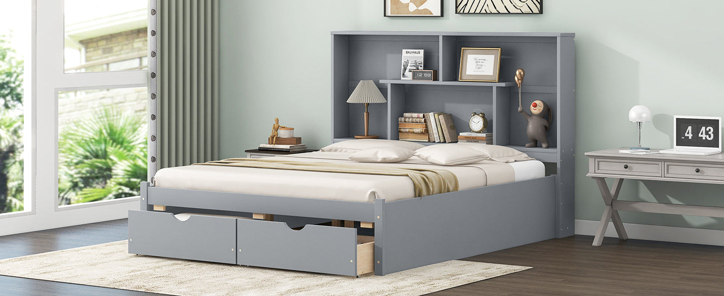 Elegant Queen Size Platform Bed with Storage Headboard, Gray
