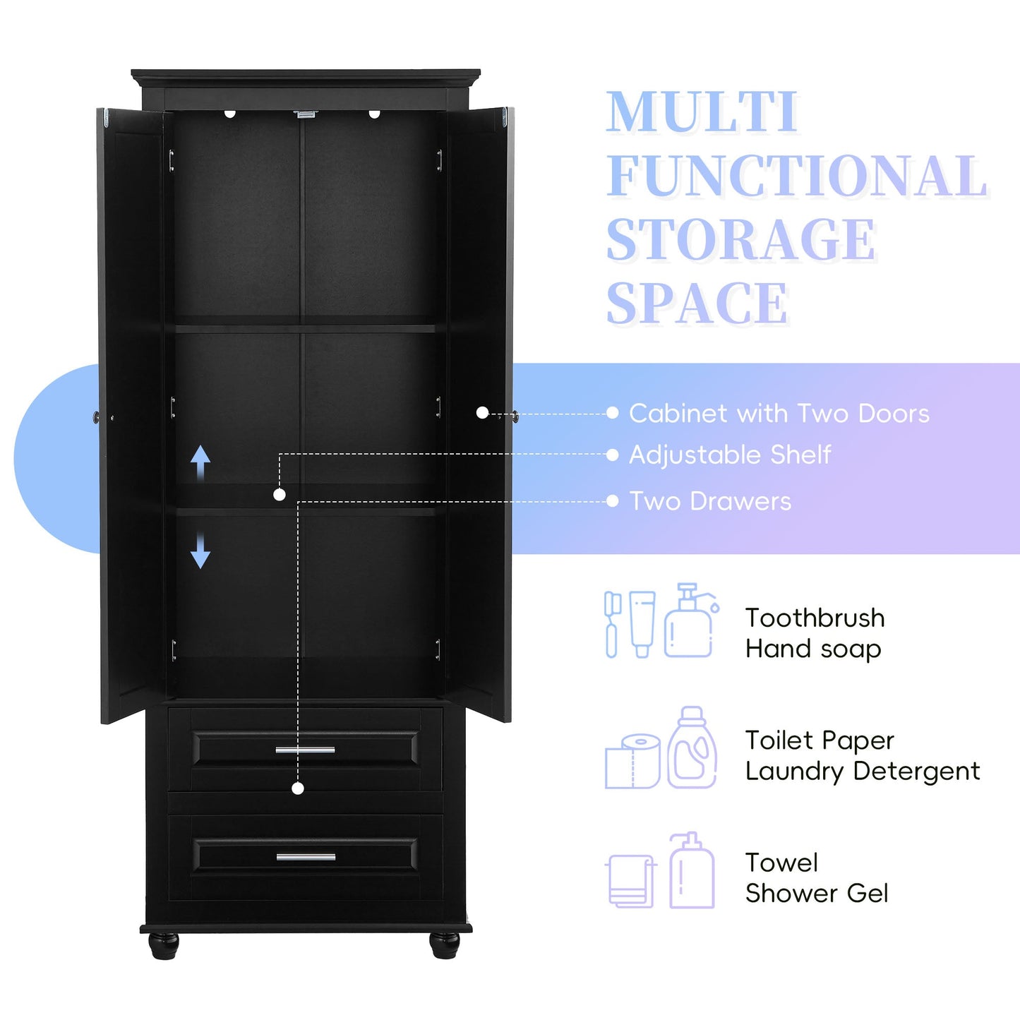 Tall Storage Cabinet with Two Drawers for Bathroom/Office, Black - Korvel