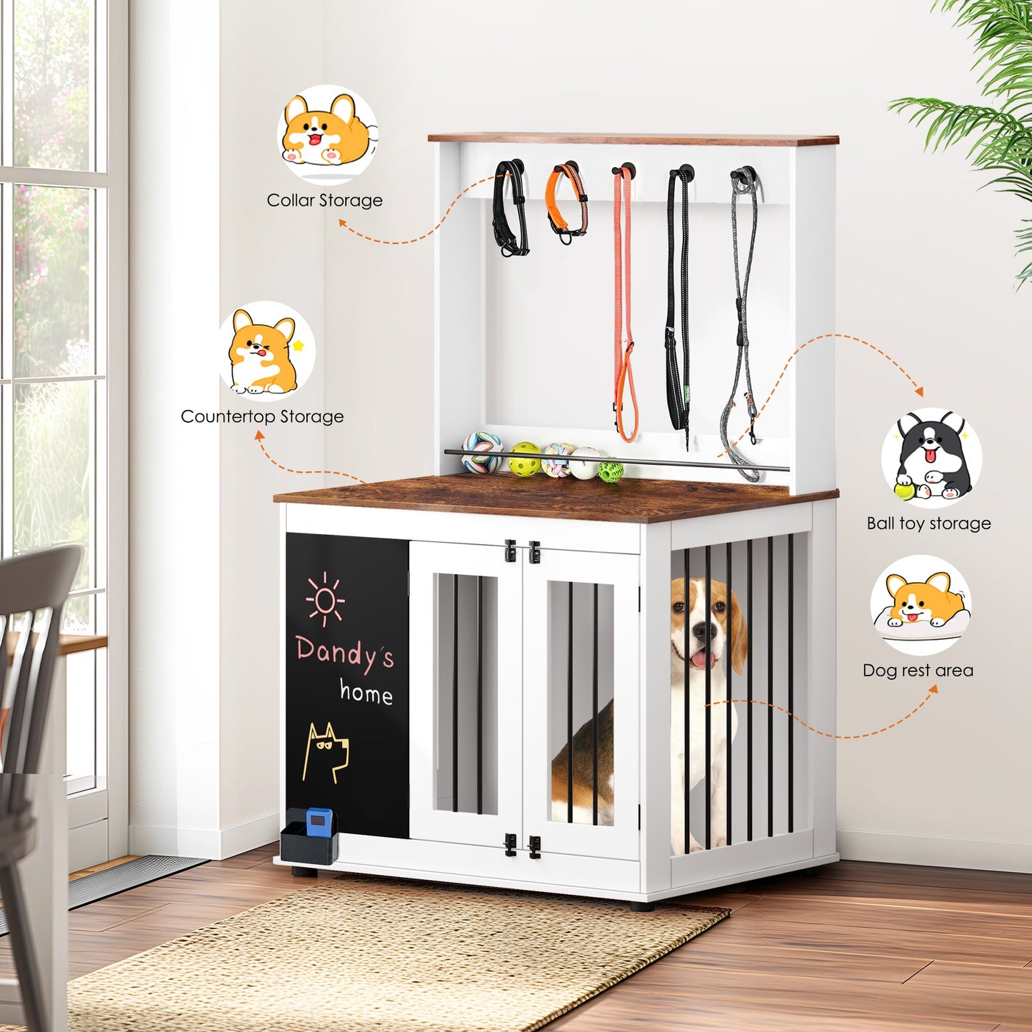 Premium Graffiti Dog Crate with Double Doors - White Vintage