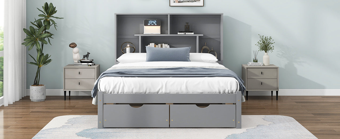 Full Size Platform Bed with Storage Headboard and 2 Drawers, Gray - Korvel