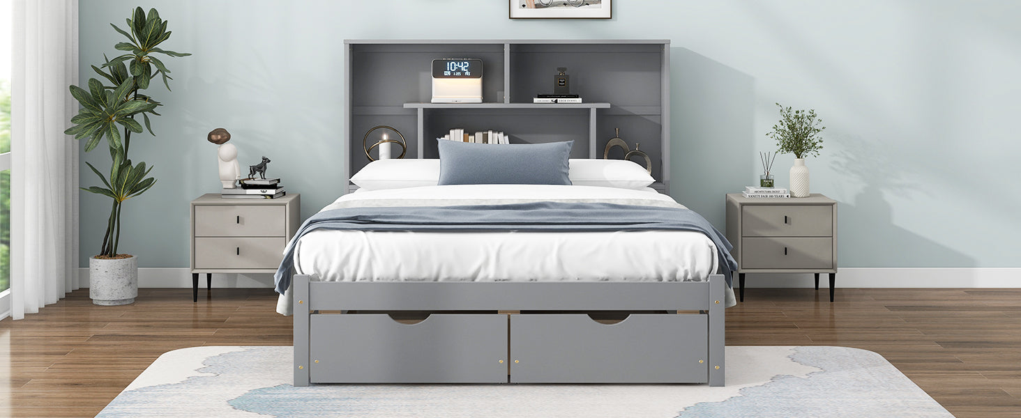 Full Size Platform Bed with Storage Headboard and 2 Drawers, Gray - Korvel