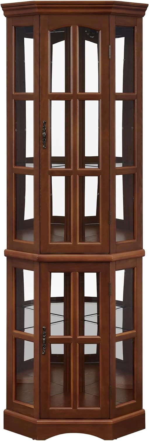 Corner Curio Cabinet with 5 Shelves and Lighting System, Walnut(E26 light bulb not included) - Korvel
