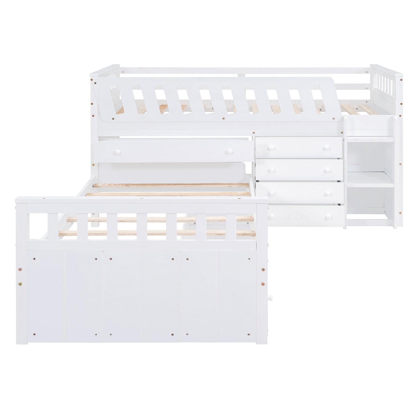 Cama loft twin en forma de L que ahorra espacio con 7 cajones - Blanca