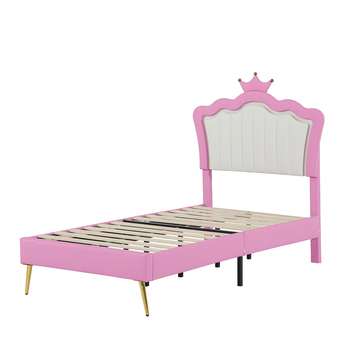 Twin Size Upholstered Bed Frame with LED Lights - Pink & White