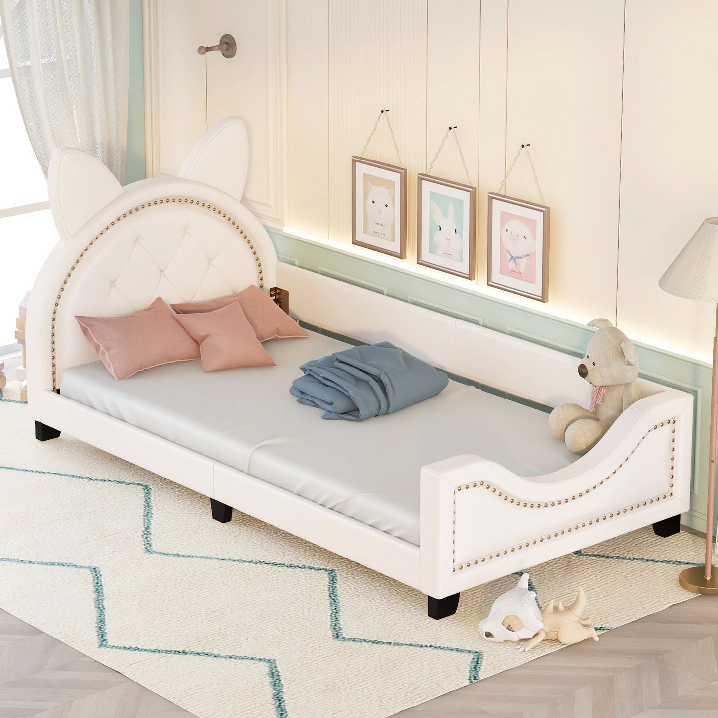 Twin Size Upholstered Daybed with Carton Ears Shaped Headboard  White - Korvel
