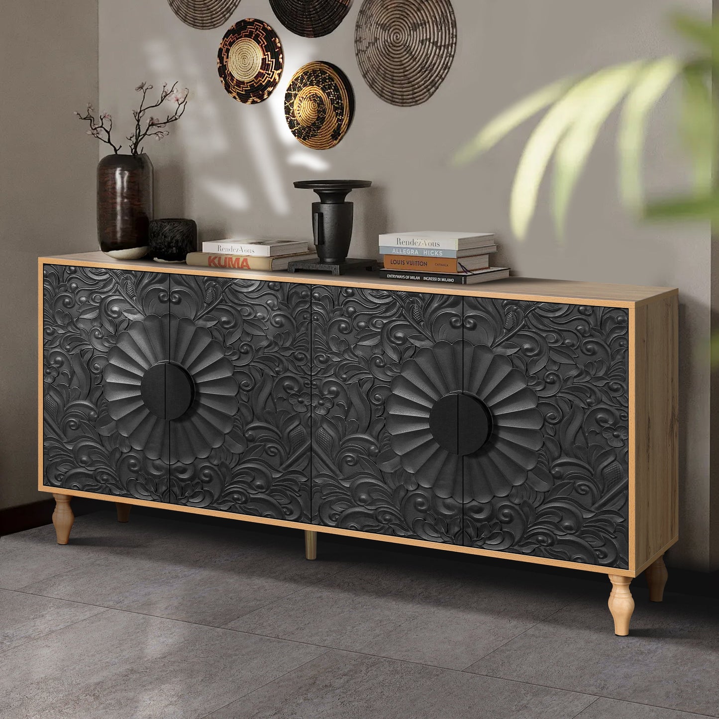 Black Carved Symmetrical Design Door And Wood Coloured Frame For TV Stand Table,Living Room ,Entryway - Korvel