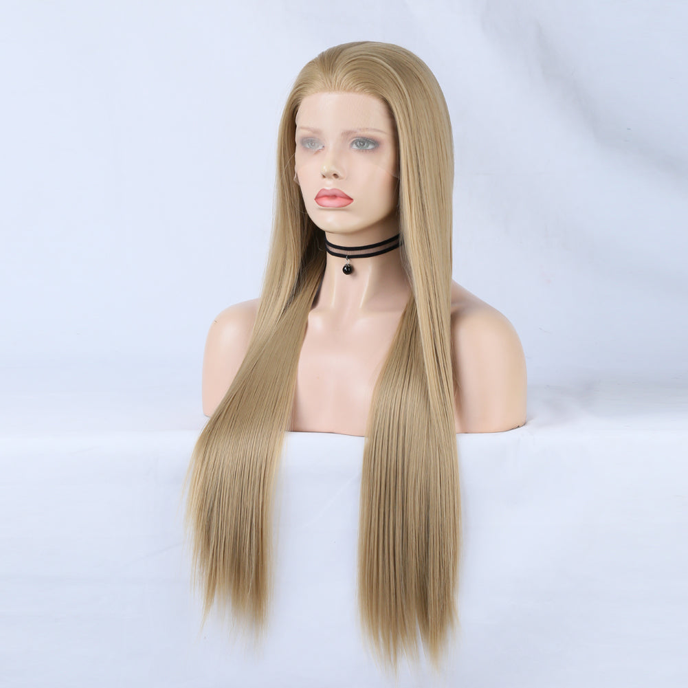 Linen Lace Front Wig Ombre Synthetic Hair Wig Middle Part Highlight Wig Long Straight Hair - Korvel