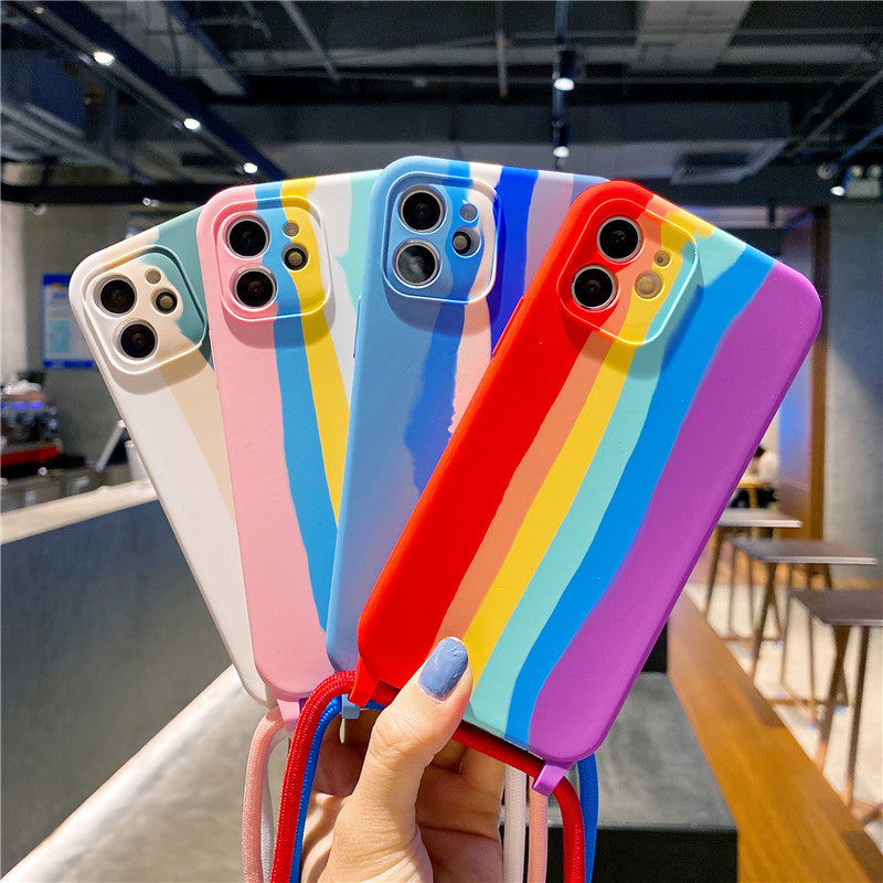Premium Silicone Mobile Phone Cover with Rainbow Lanyard for Apple 13 Pro