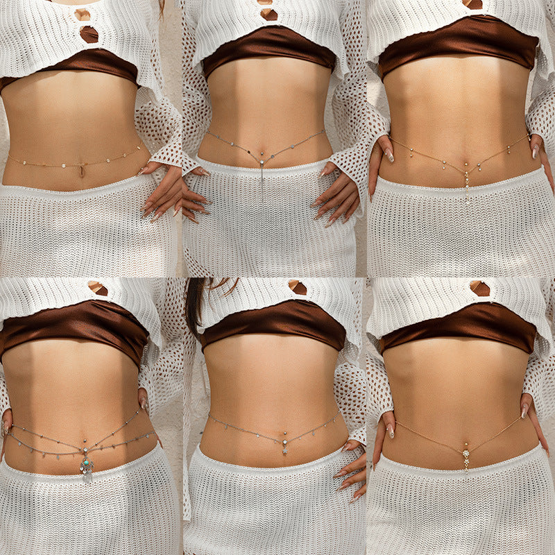Sexy rhinestone puncture navel nail waist chain, sweet and cool summer body chain - Korvel
