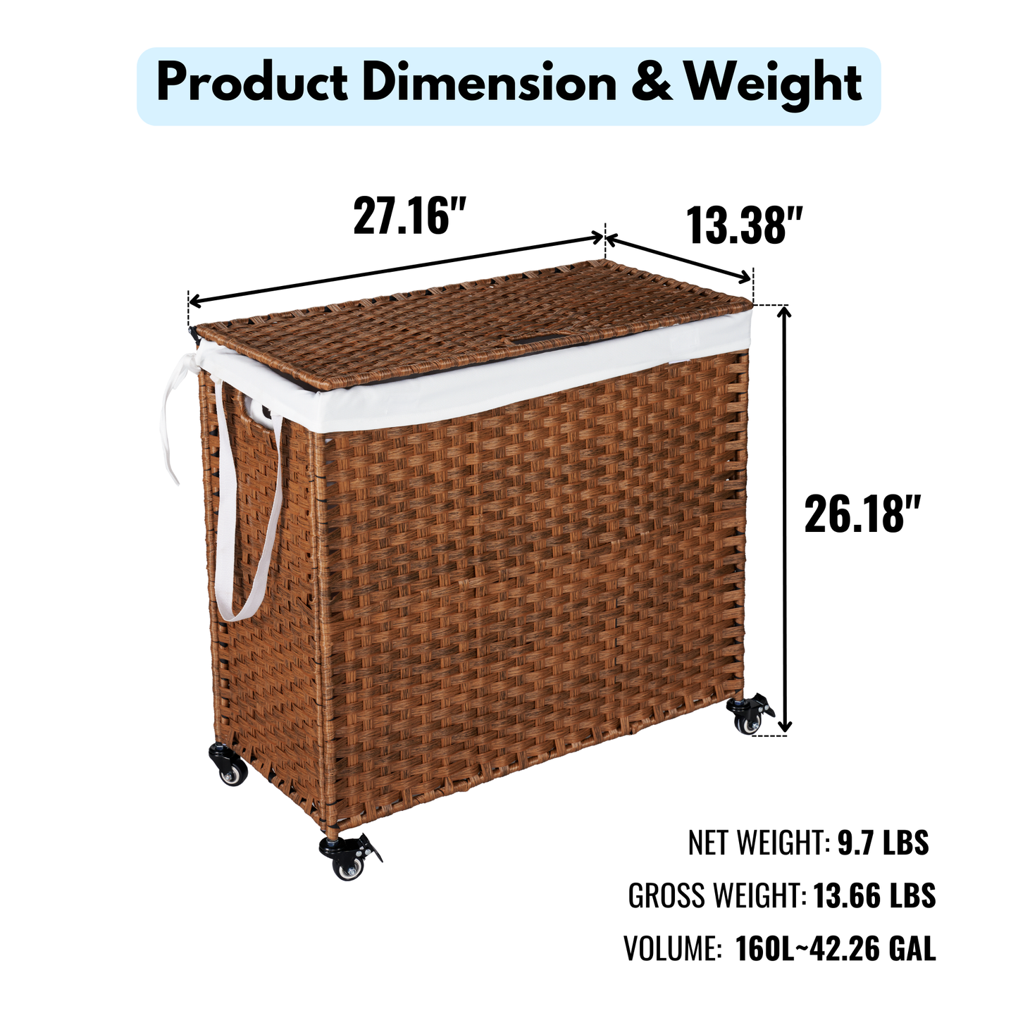 Laundry Hamper With Lid PE Rattan Powder Coating Frame Clothes Hampers with 02 Removable Bags, Wheels, 160L, Brown Color - Korvel