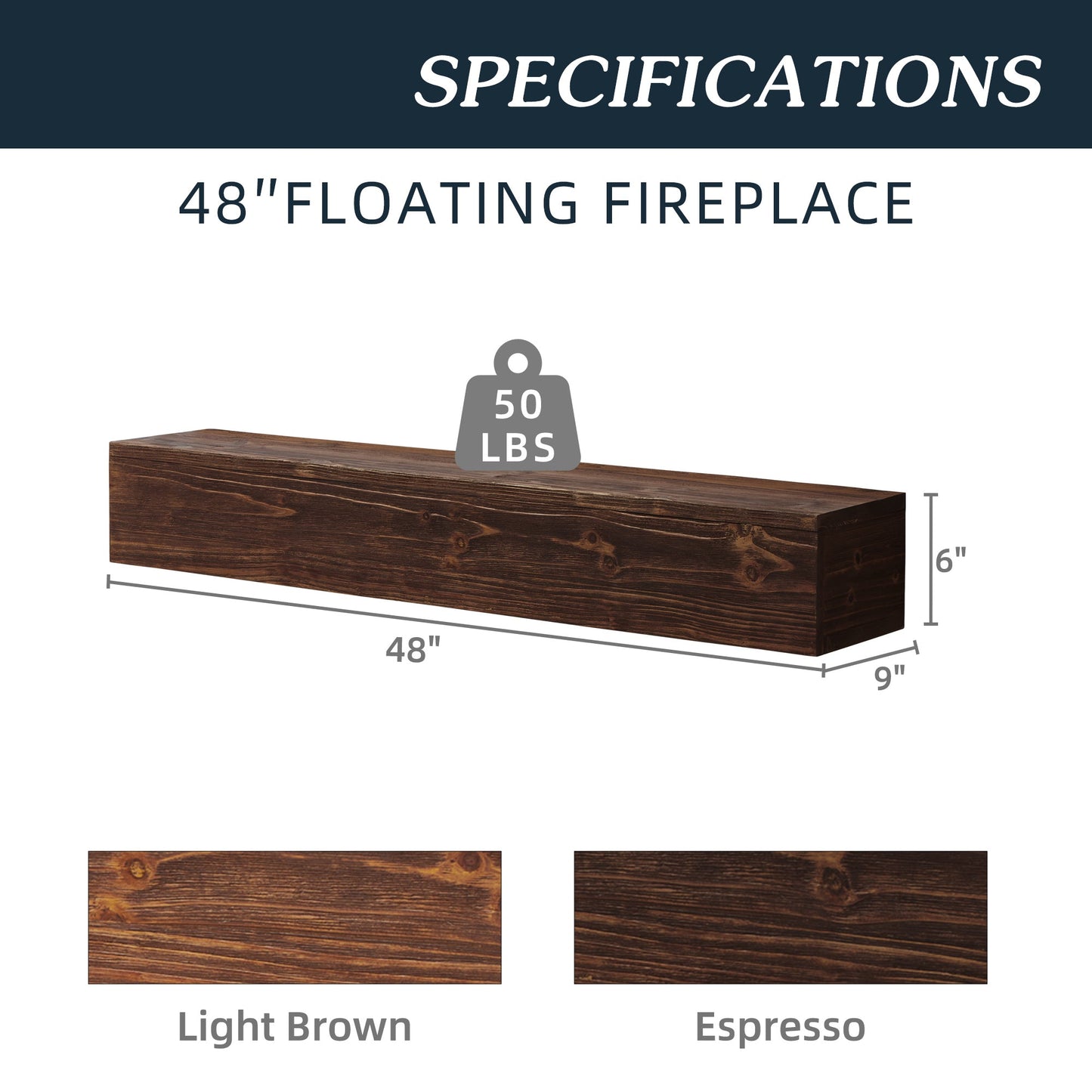 48" Rustic Wood Fireplace Mantel,Wall-Mounted & Floating Shelf for Home Decor - Korvel