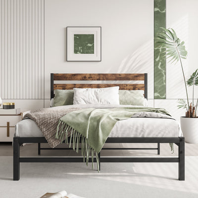 Full Size Platform Bed Frame with Rustic Vintage Wood Headboard Rustic Brown - Korvel