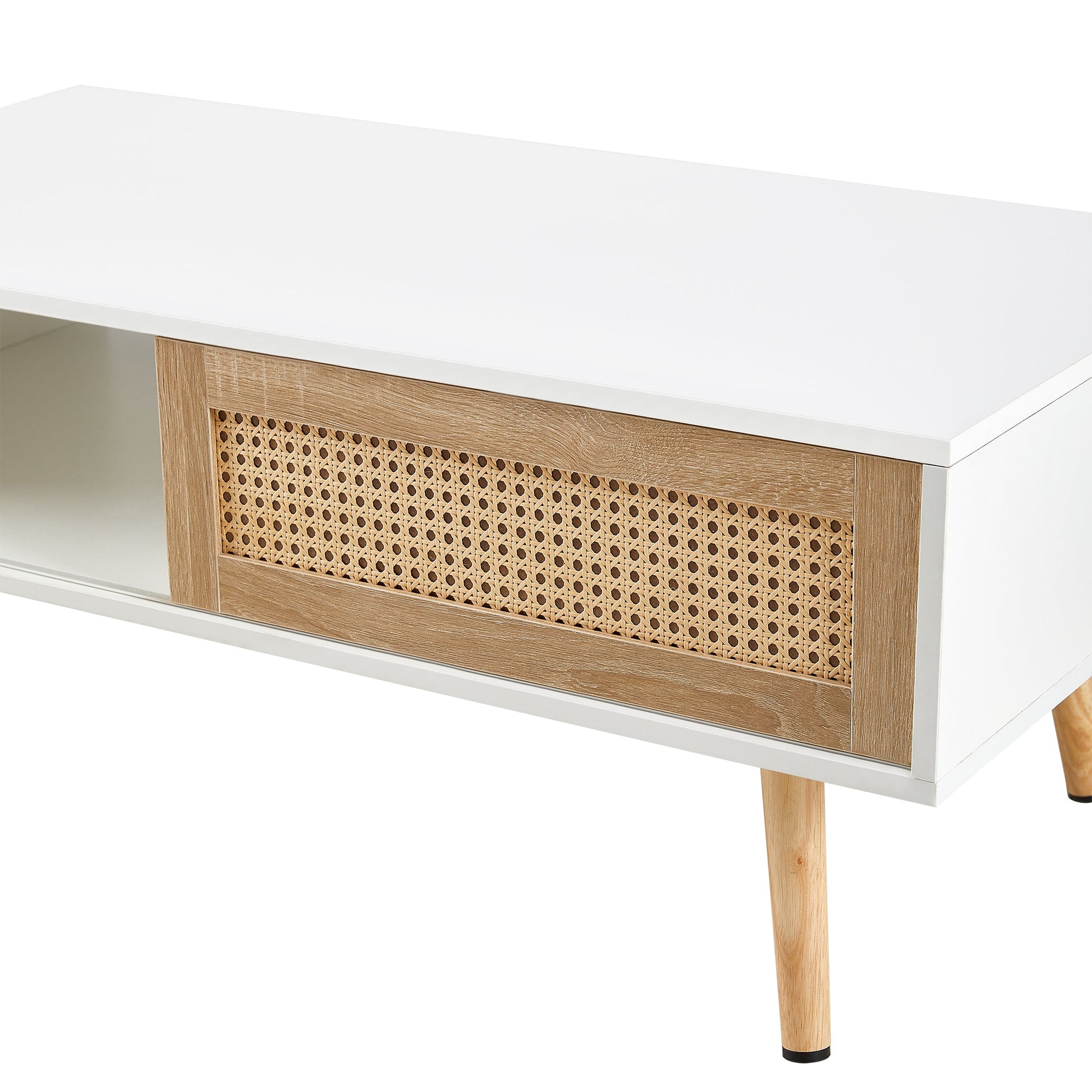 41.34" Rattan Coffee table sliding door for storage solid wood legs White - Korvel