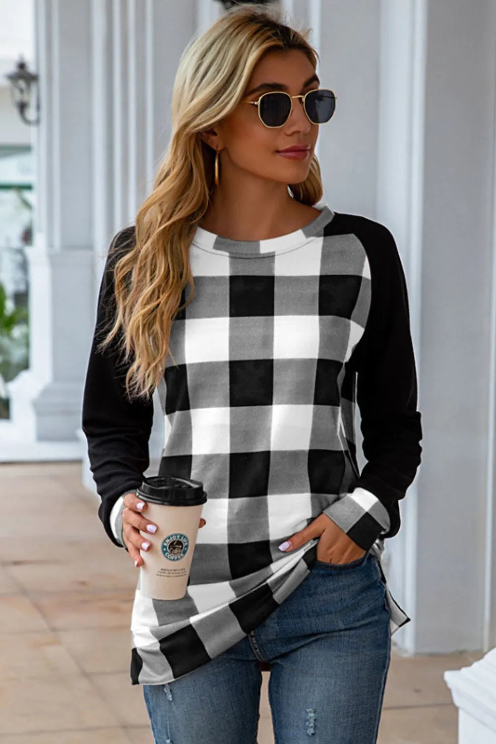 Plaid Round Neck Long Sleeve T-Shirt - Korvel
