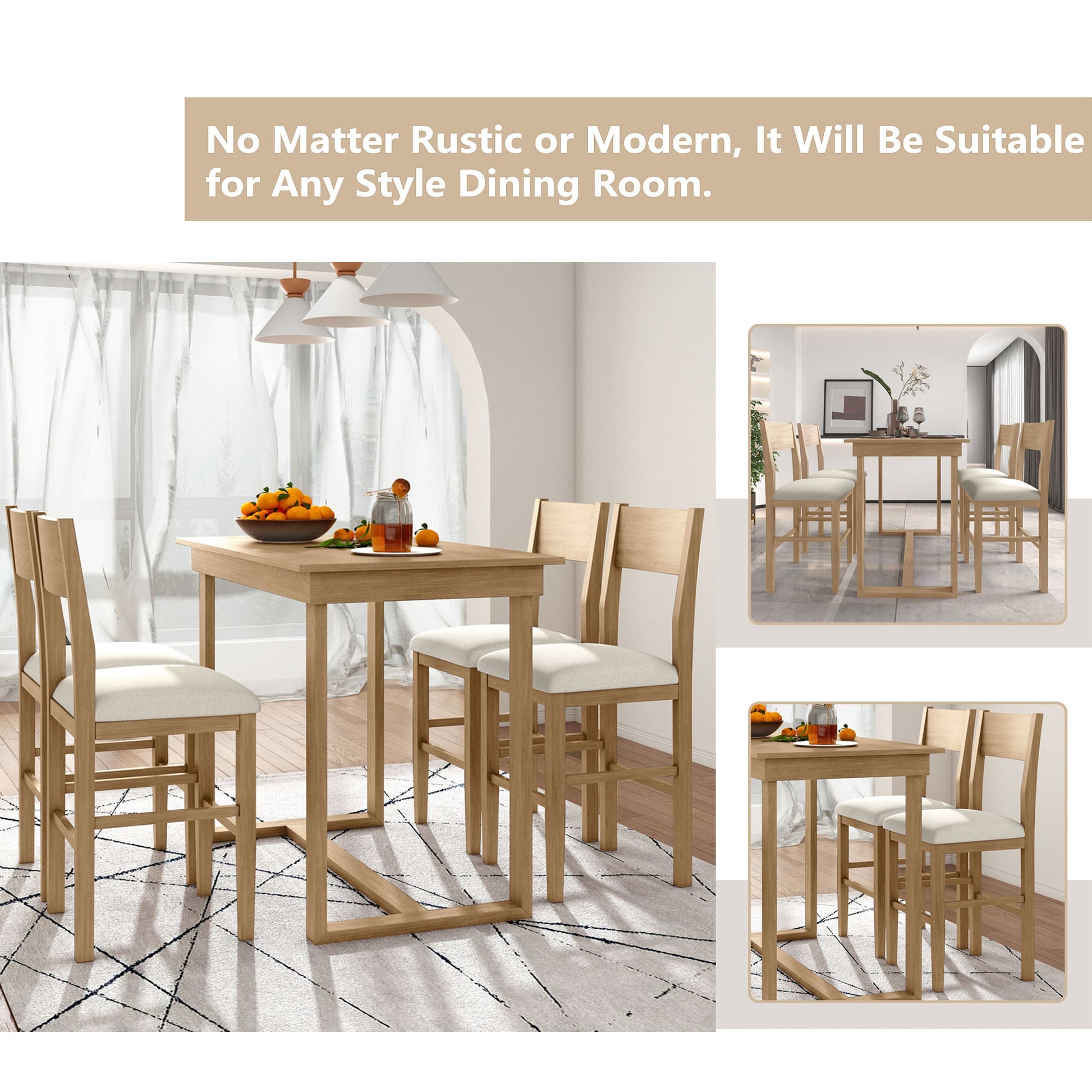 TOPMAX farmhouse countertop height 5-piece dining table set with 1 rectangular dining table and 4 brown dining chairs - Korvel