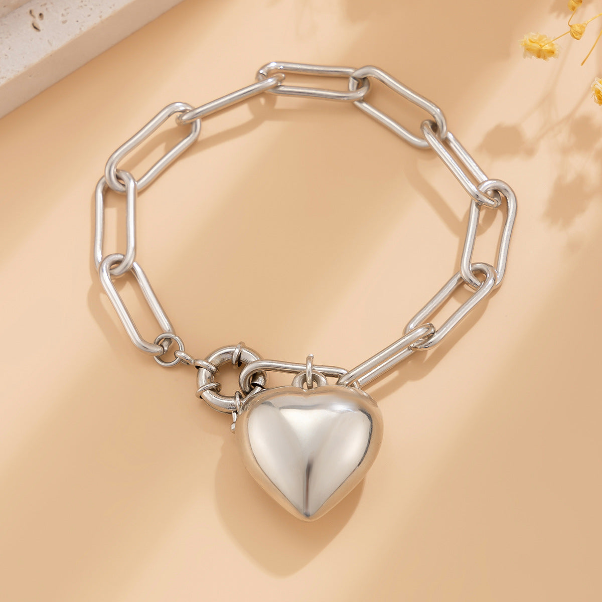 Ins Simple and Versatile Big Peach Heart Bracelet Personalized Heart shaped Iron Chain Bracelet for Women - Korvel