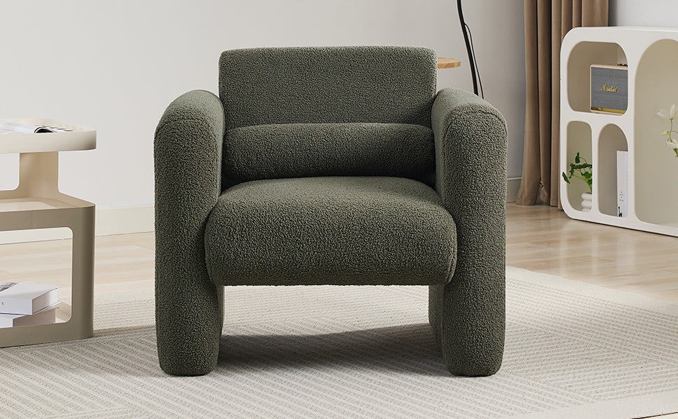 Modern style chair with sheepskin Sherpa fabric soft cushion, comfortable armchair, soft with backrest and pillow, seaweed green - Korvel