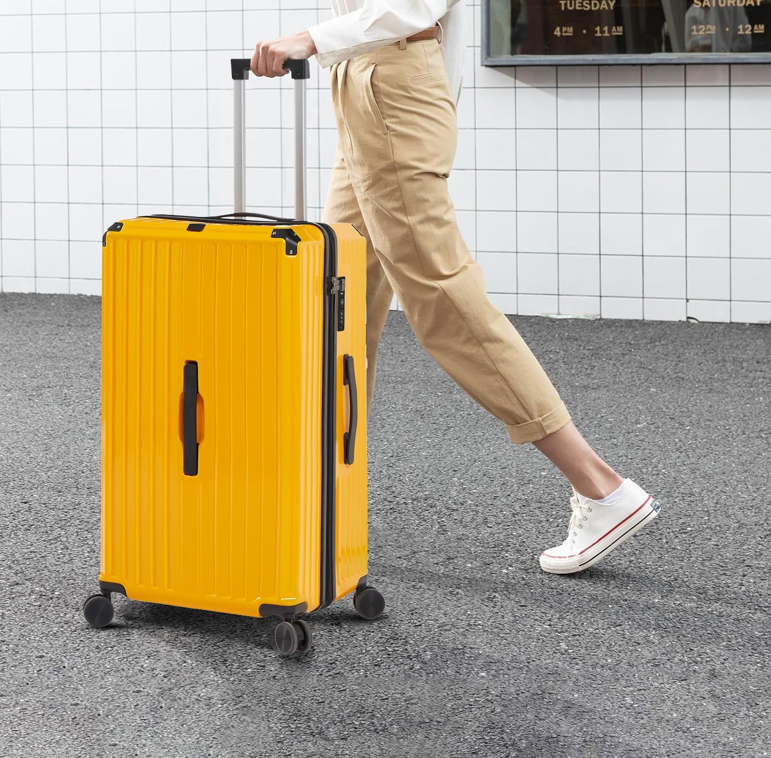Luggage Set 4 pcs (20"/24"/29"/Travel Bag), PC+ABS Durable Lightweight Luggage with Collapsible Cup Holder TSA Lock, Yellow - Korvel