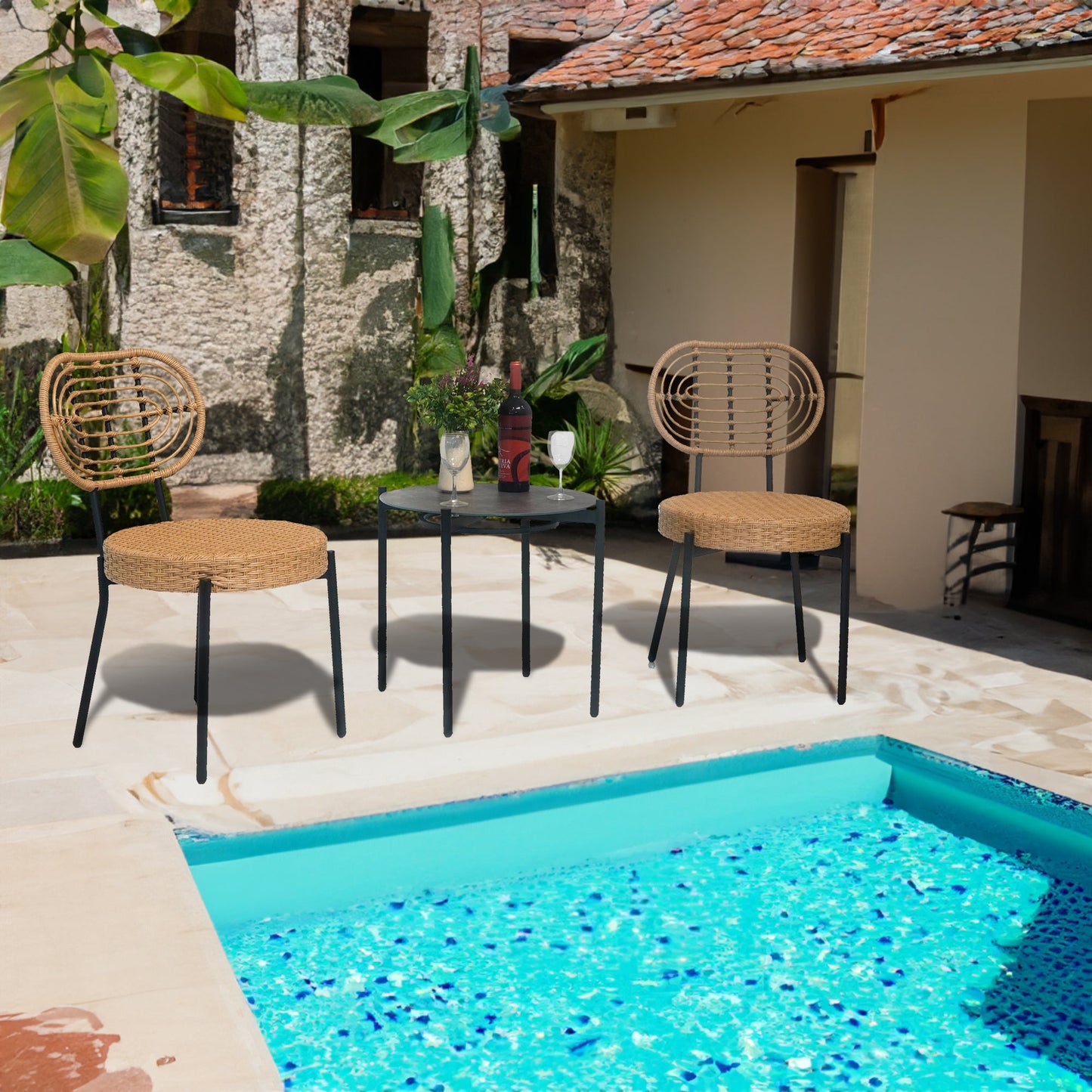 3 Pieces Of Luxury Outdoor Wicker Furniture - Patio Bistro Style Table And Chair Combination - Korvel