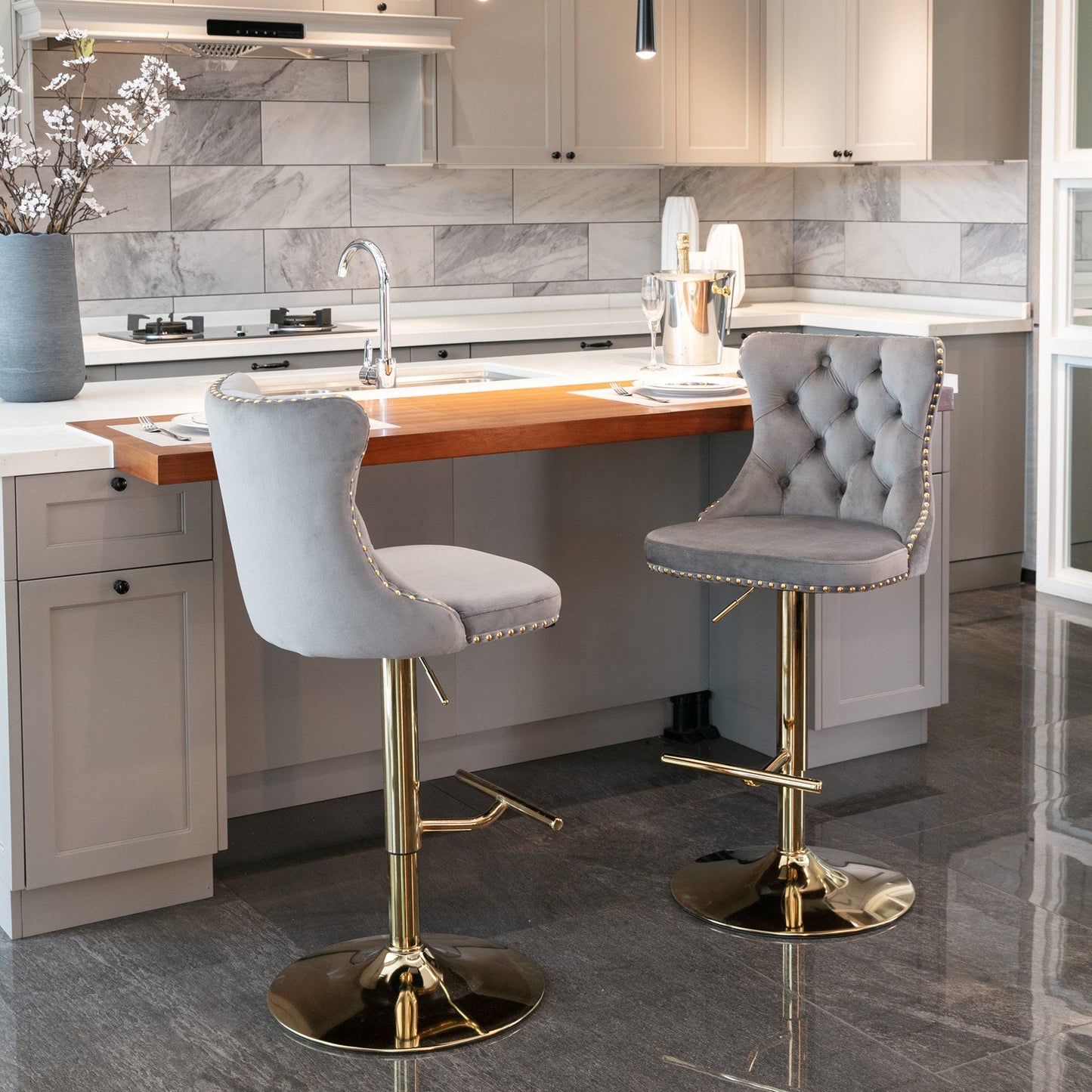 Adjusatble Seat Height from 25-33 Inch, Modern Upholstered Bar Stools with Backs Comfortable Tufted for Home Pub and Kitchen Is - Korvel