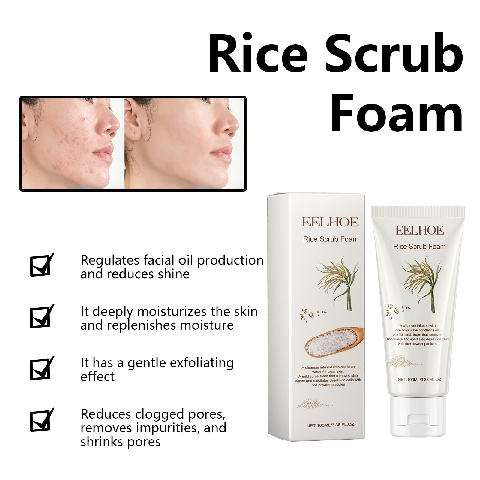 Rice Scrub Foam, Deeply Clean Firming Pores Repair Facial Dull Skin Shine White Face - Korvel