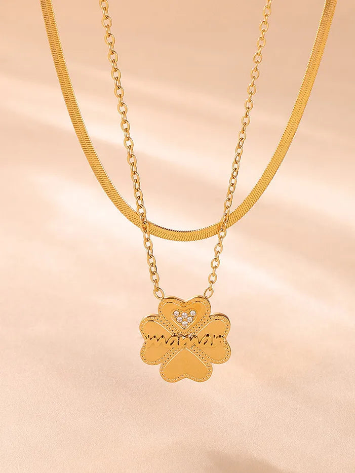 2 Piece 18K Gold-Plated Inlaid Zircon Lucky Clover Necklace - Korvel