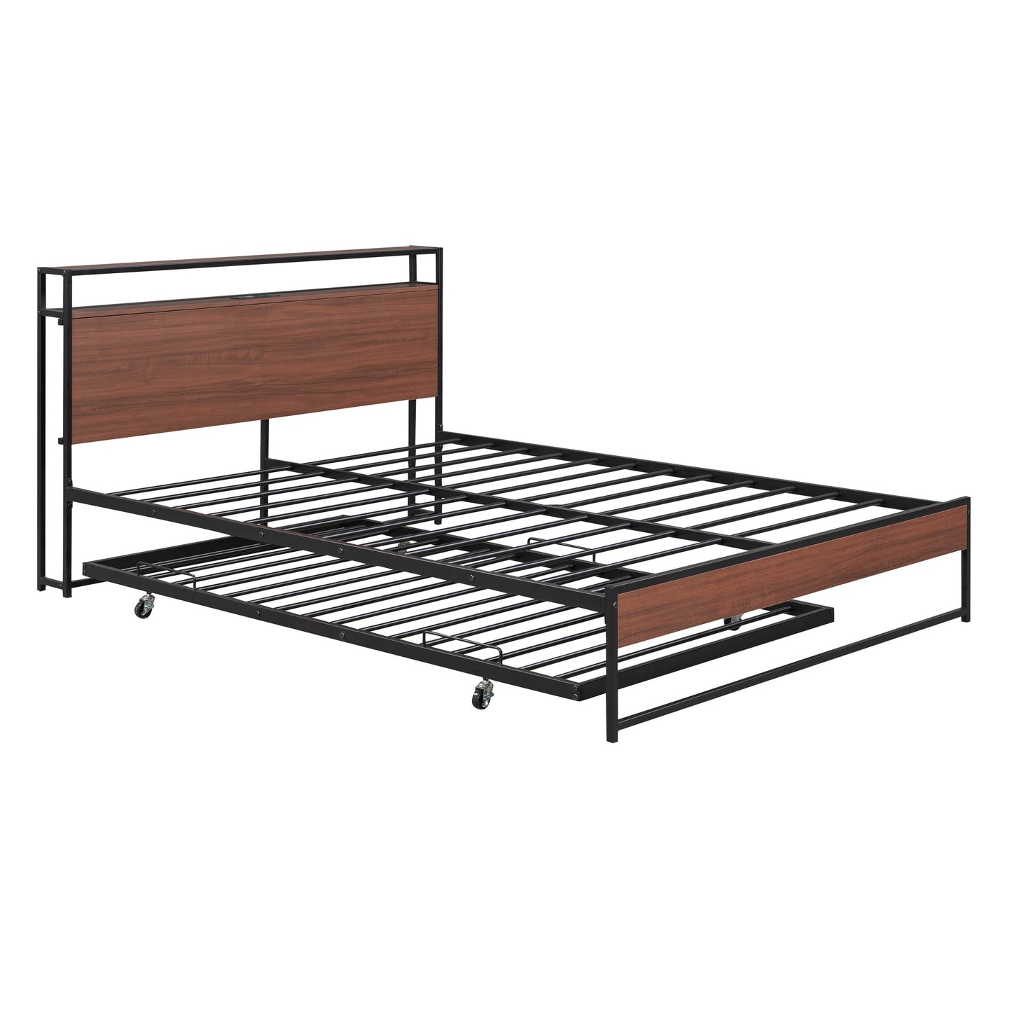 Cama de Plataforma de Metal Tamaño Queen con Trundle y Puertos USB - Negro