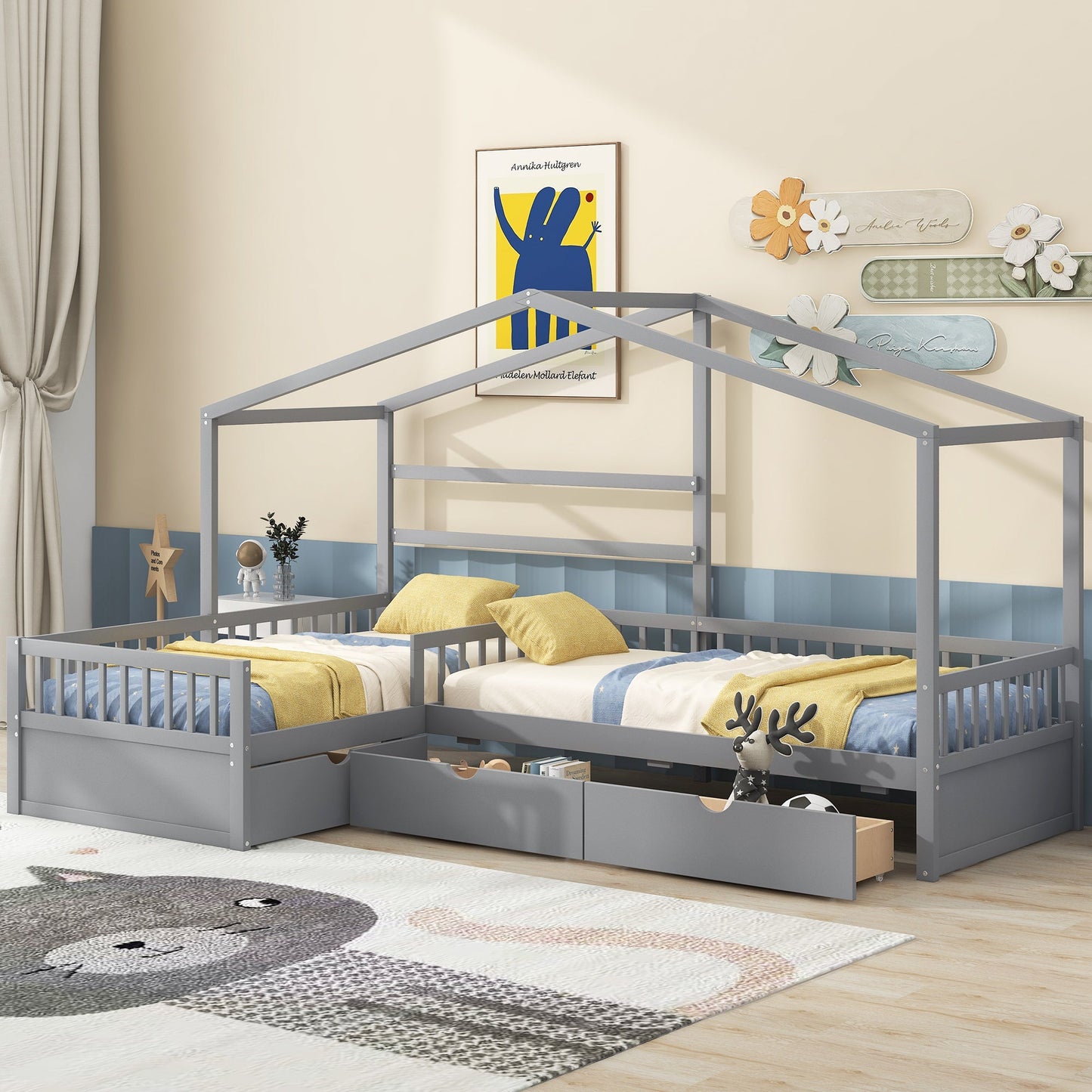 Twin Size House Platform Bed with Three Storage Drawers Gray - Korvel