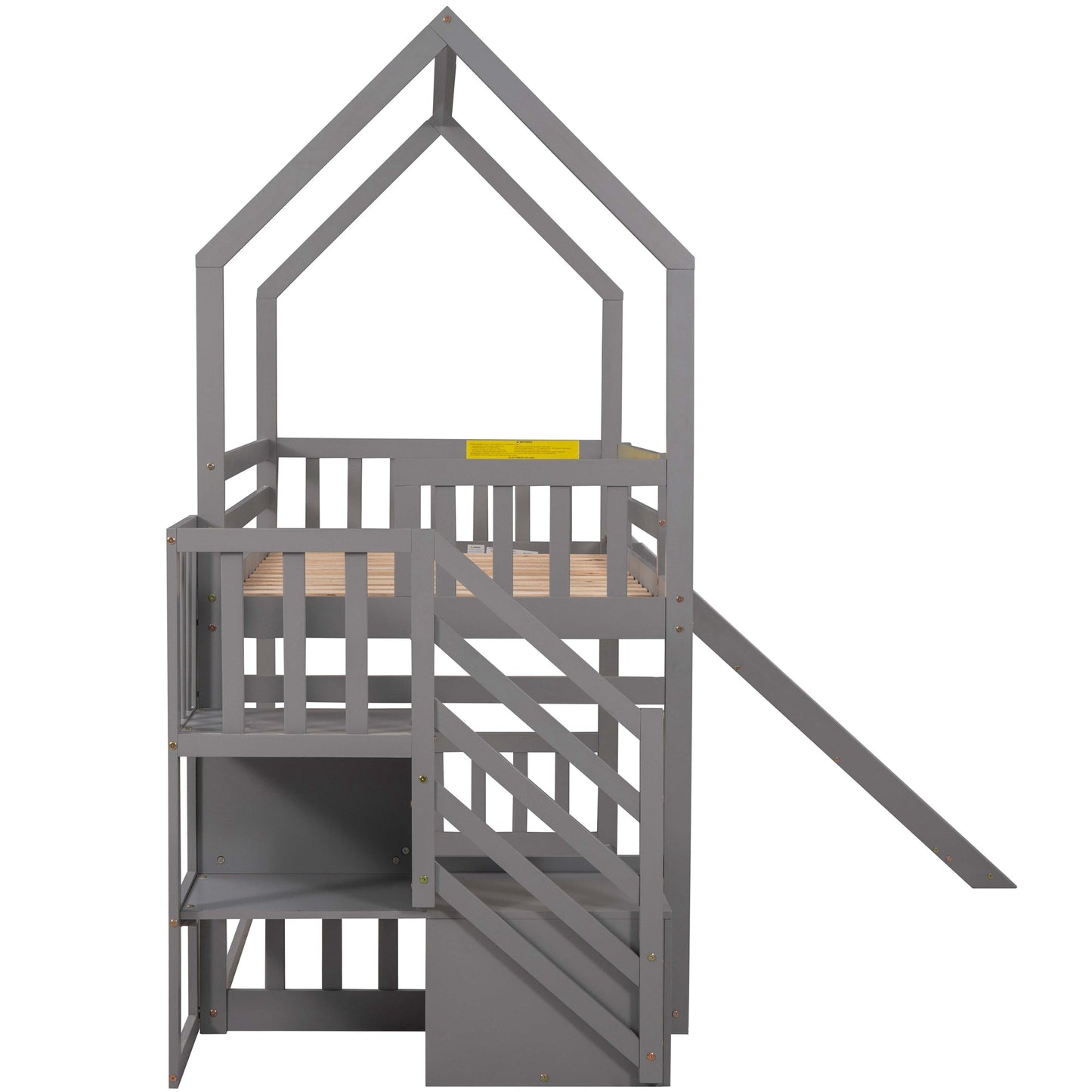 Lit superposé maison jumeau sur jumeau avec toboggan et escalier de rangement - Gris