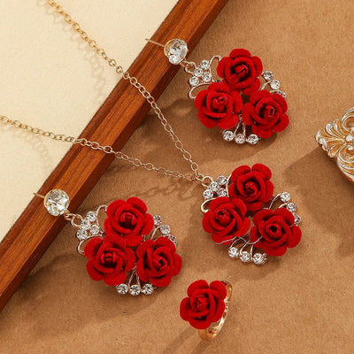 4pcs/Set Romantic Lovely Red Rose Flower Inlaid Rhinestone Pendant Necklaces+Dangle Earrings+Ring，For Women Valentine'S Day Gift - Korvel