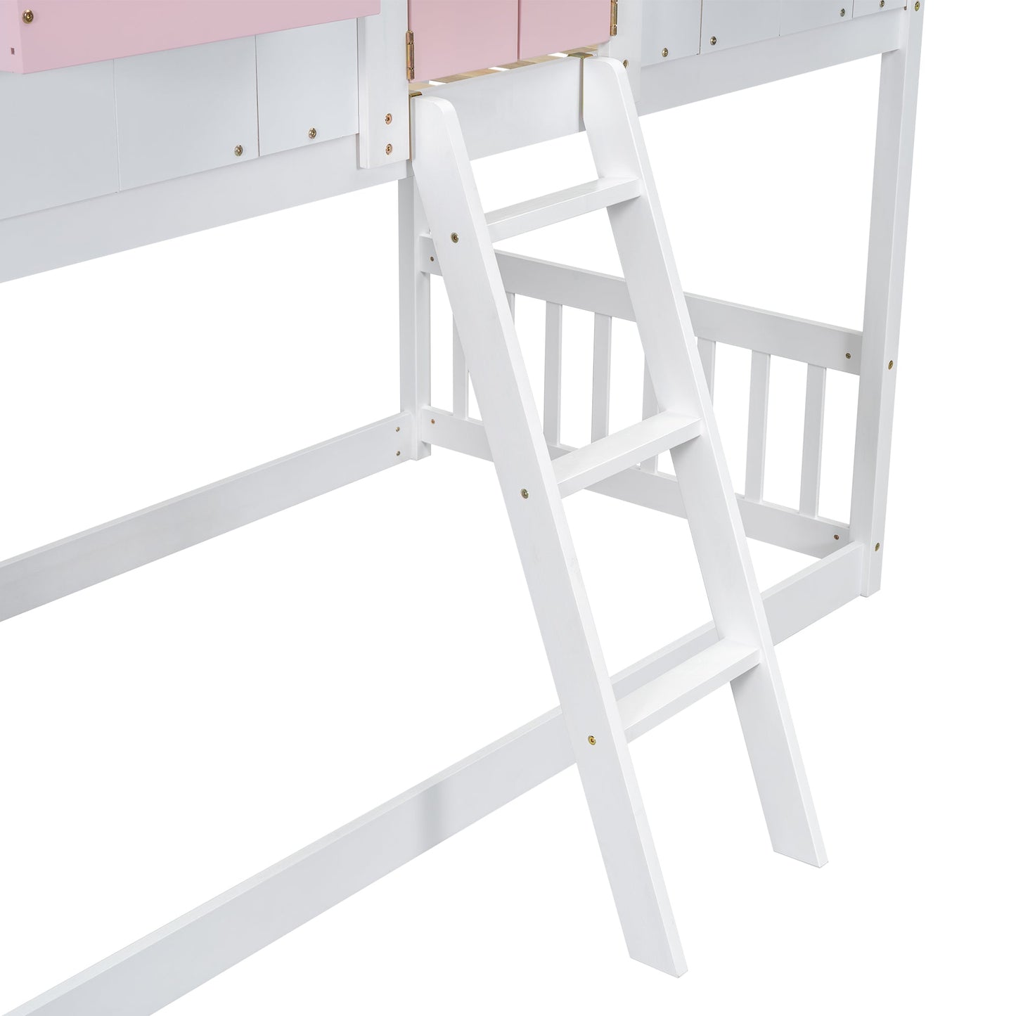 Twin over Twin House Bunk Bed with Roof , Window, Window Box, Door , with Safety Guardrails and Ladder, Pink/White - Korvel