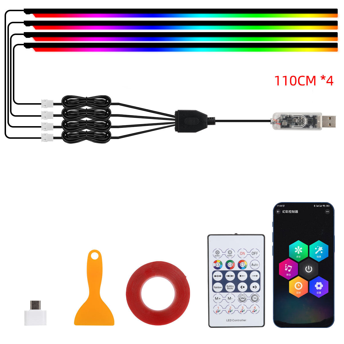 Bande lumineuse intérieure de voiture RGB LED 10-en-1 avec télécommande