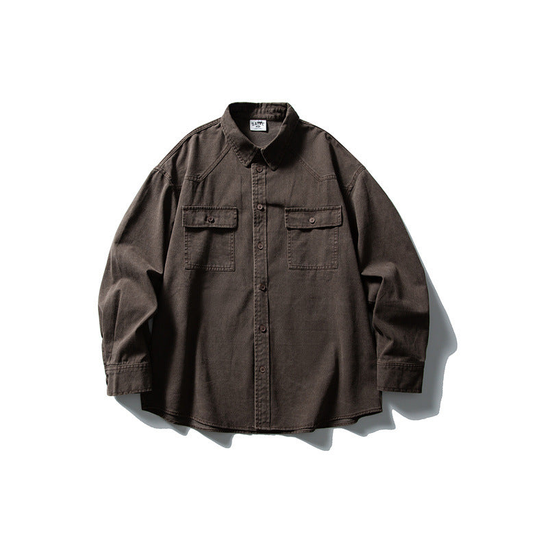 Used washed casual loose long sleeved shirt jacket men's workwear shirt - Korvel
