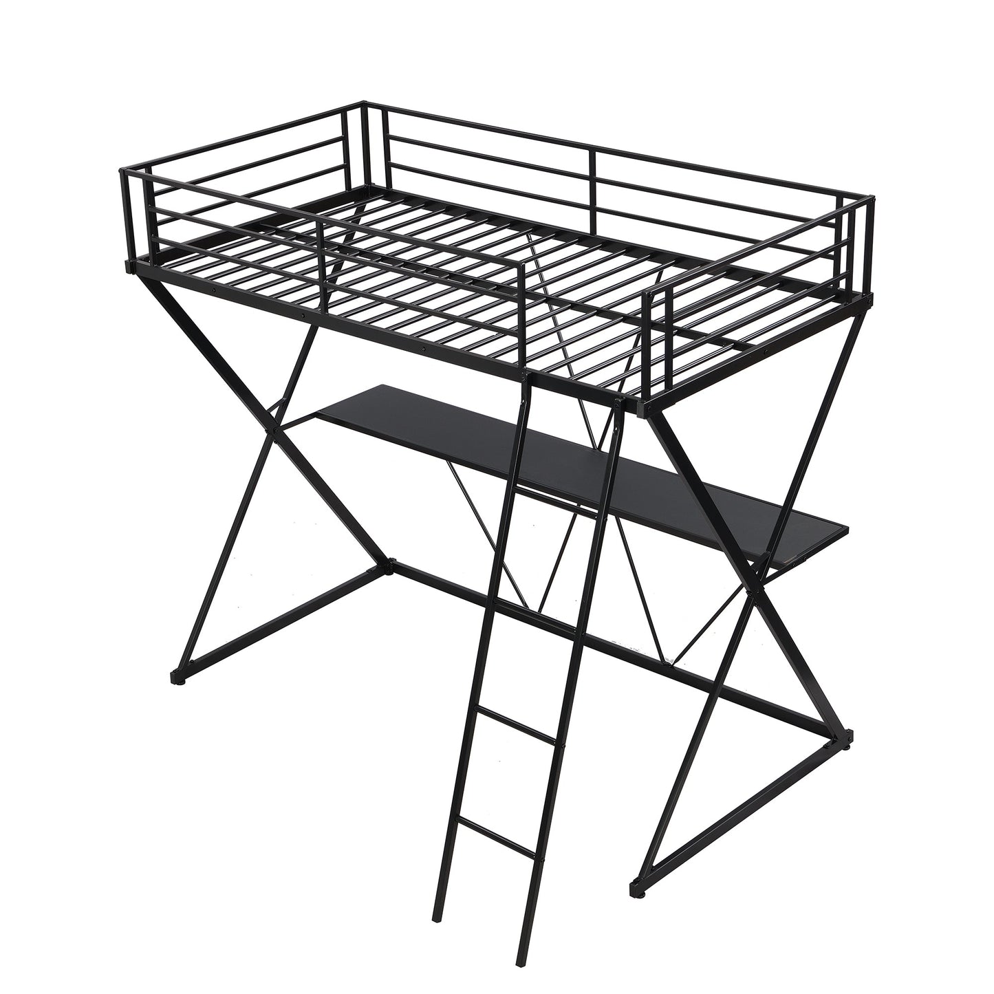 Premium Twin Size Loft Bed with Desk and Guardrails - Black