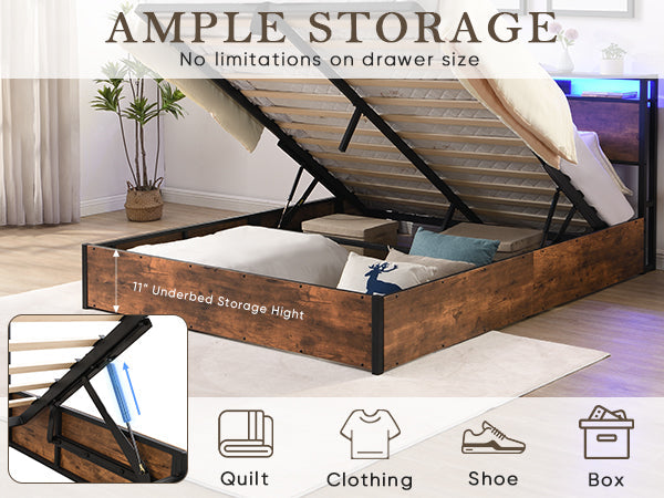 Elevating storage bed frame, full-size bed frame with bookshelf headboard and LED lights, with country brown color - Korvel