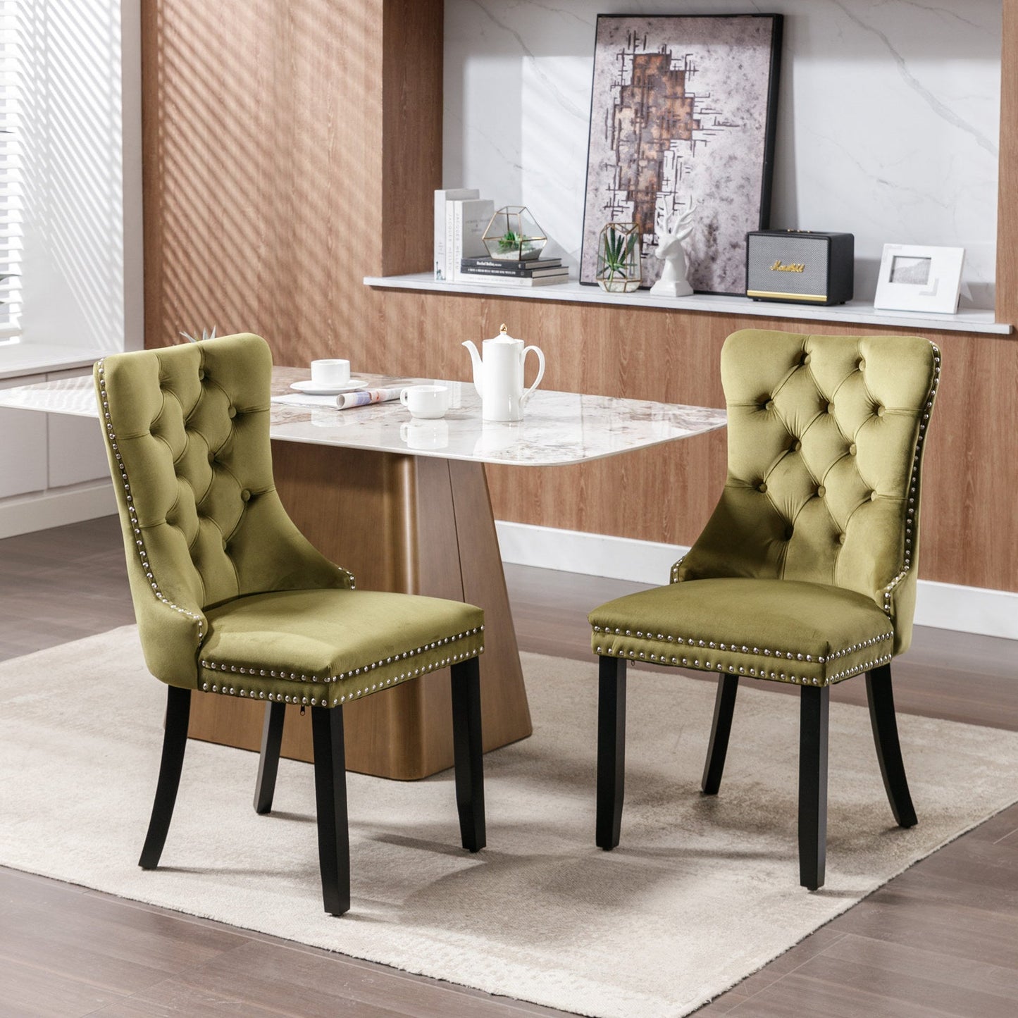 High-end Tufted Solid Wood Contemporary Velvet Upholstered Dining Chair with Wood Legs Nailhead Trim 2-Pcs Set Olive-Green - Korvel