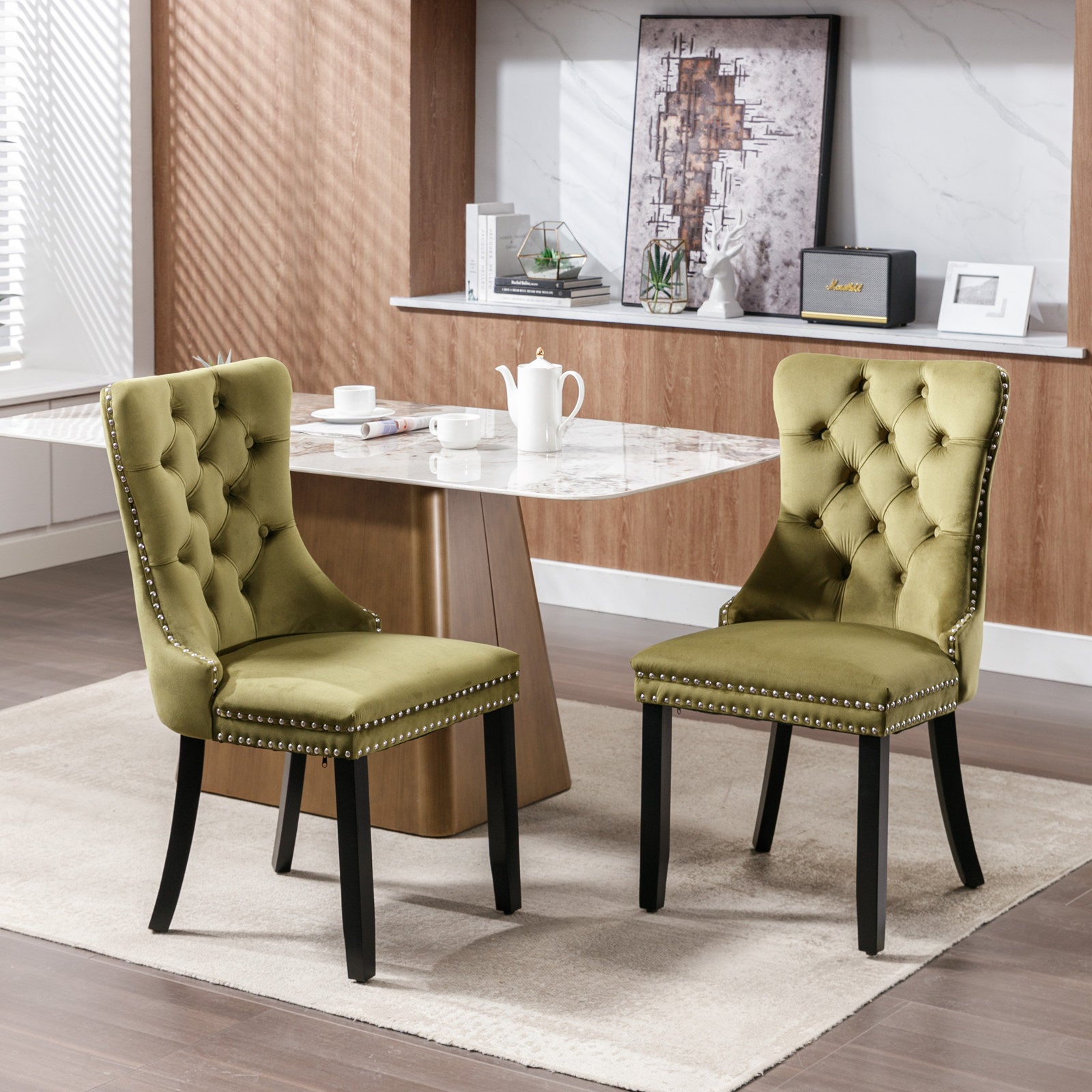 High-end Tufted Solid Wood Contemporary Velvet Upholstered Dining Chair with Wood Legs Nailhead Trim 2-Pcs Set Olive-Green - Korvel