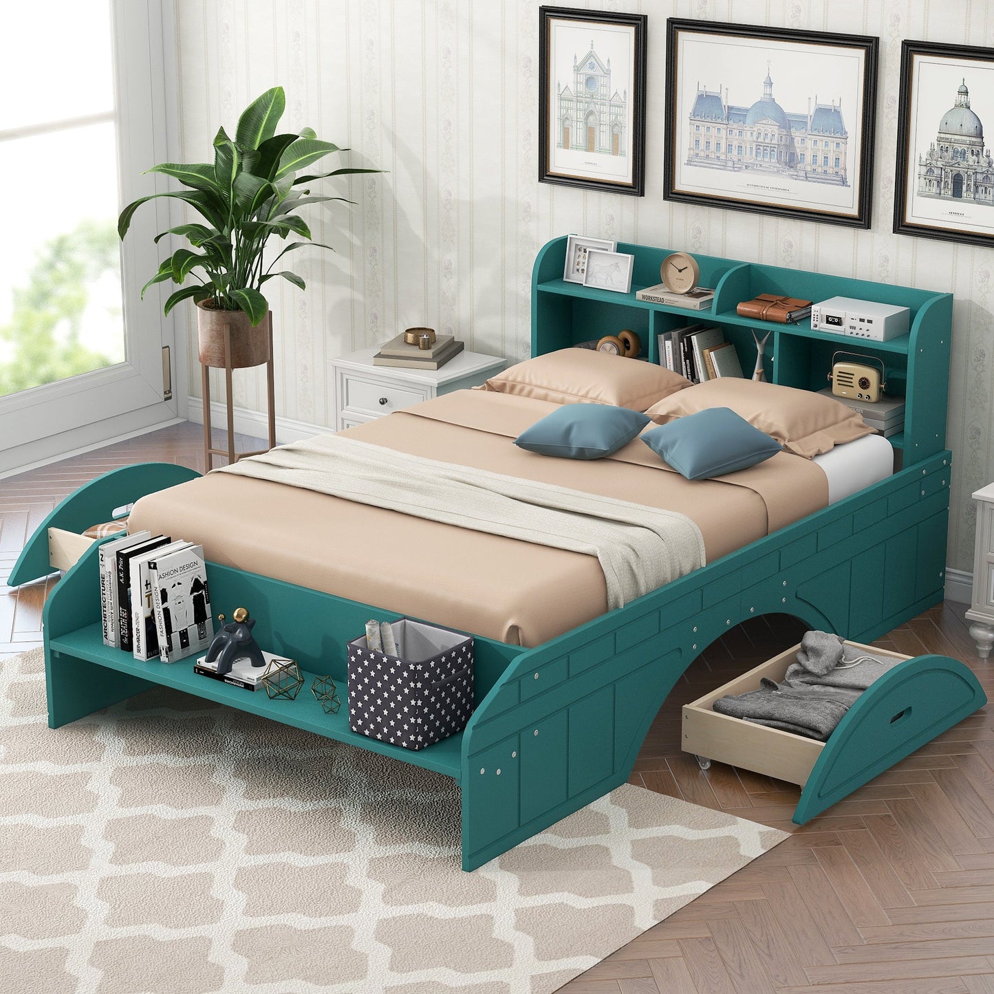 Wood Full Size Platform Bed with 2 Drawers, Storage Headboard and Footboard, Dark Green - Korvel