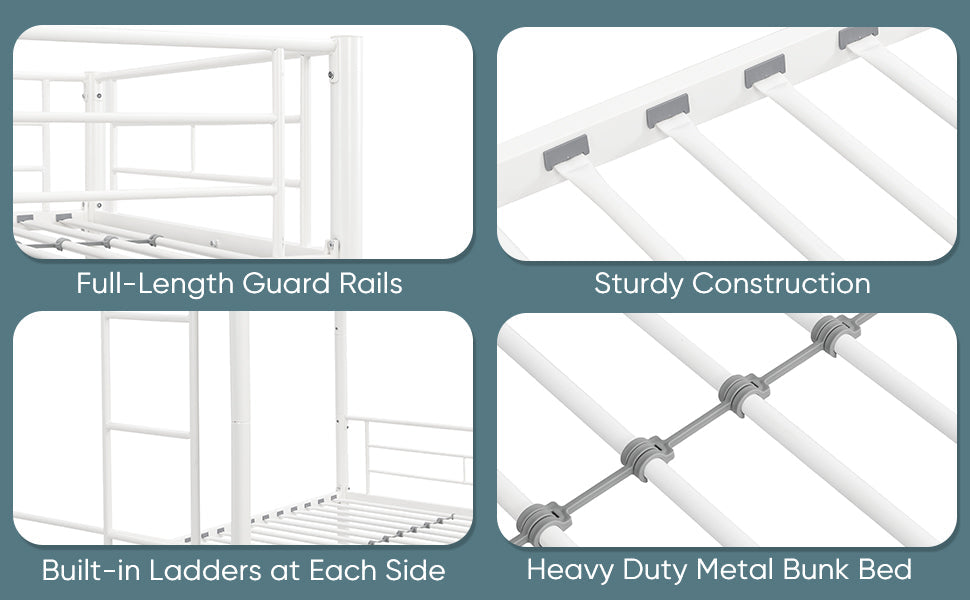 Twin metal bunk beds, metal structure bed frame with safety guardrails and 2 ladders, convertible bunk beds, white - Korvel